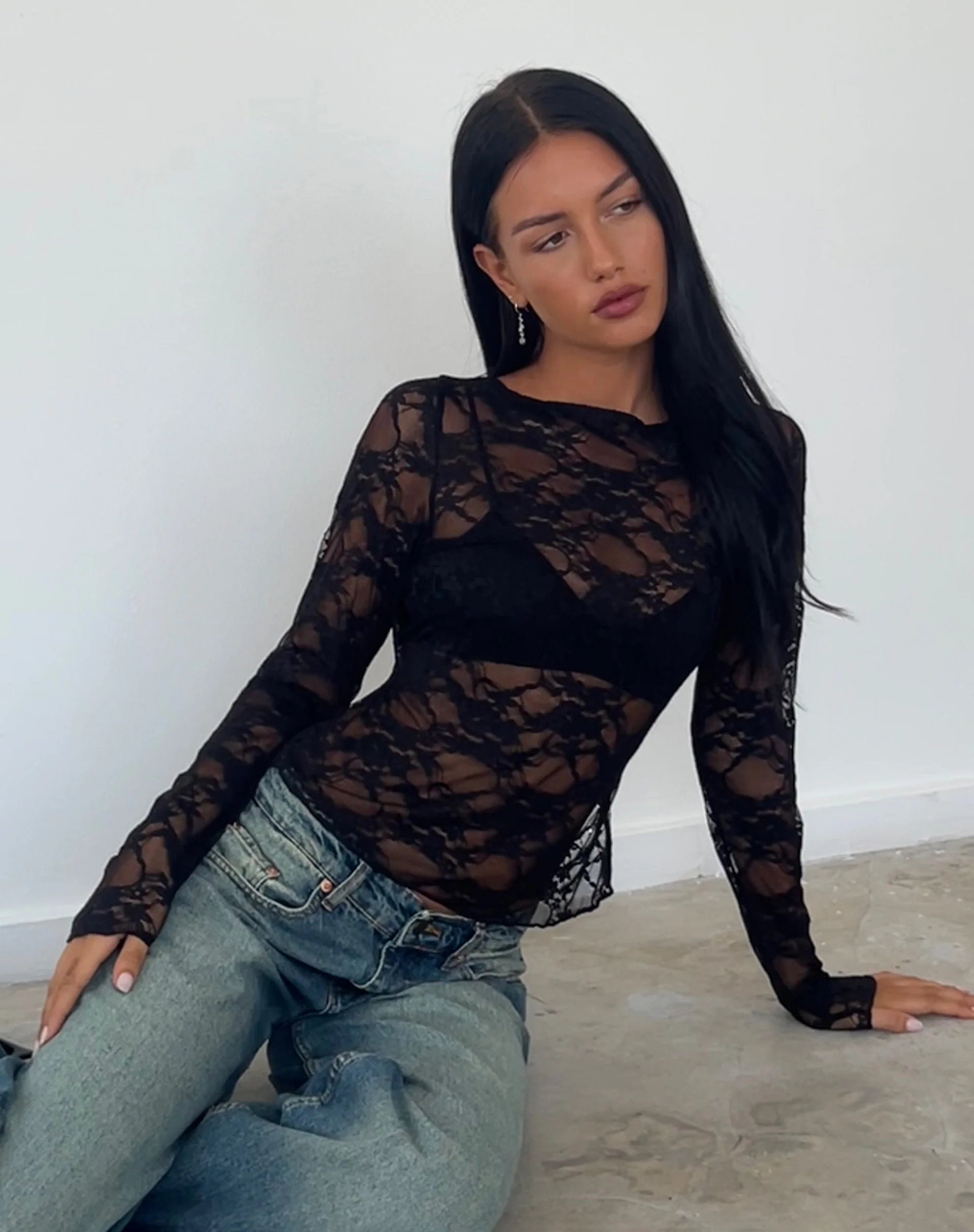 Grizelda Backless Long Sleeve Top in Black Abstract Lace - Image 5