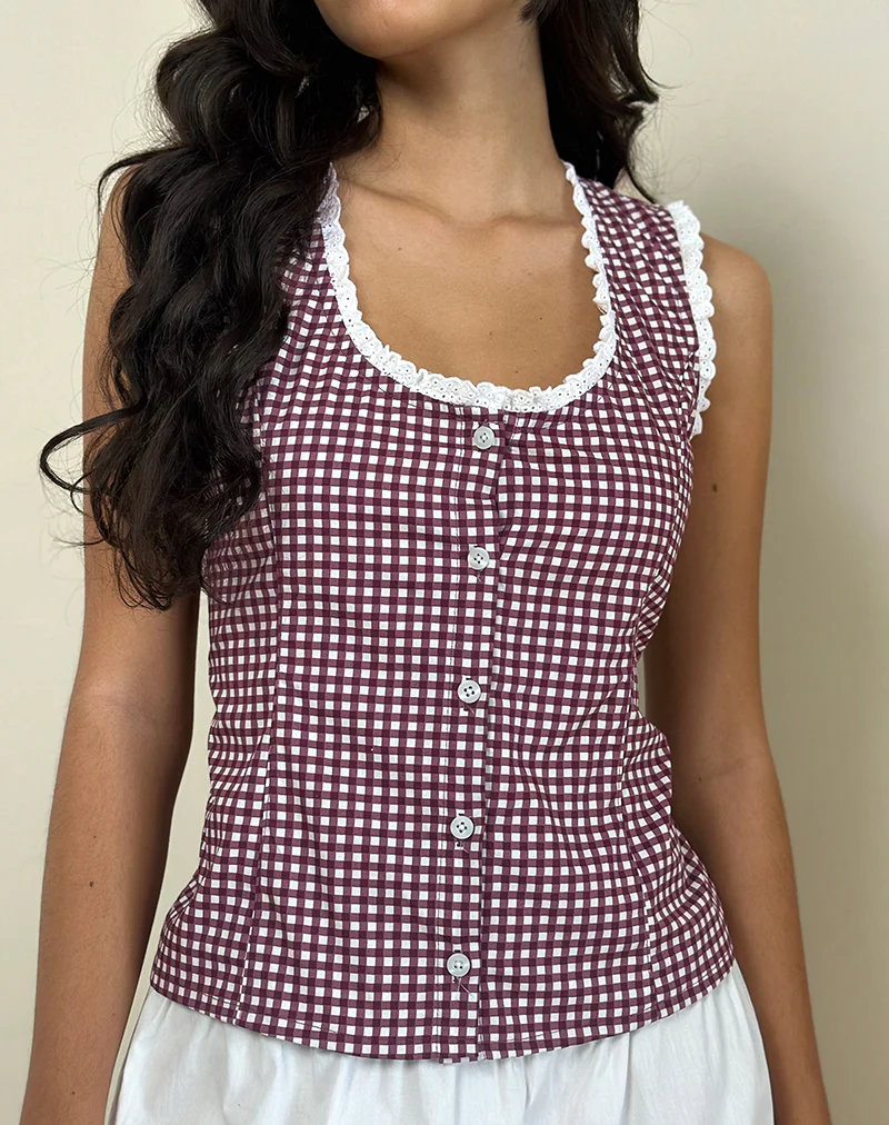 Gronita Blouse in Mini Gingham Wine with White Lace - Image 4