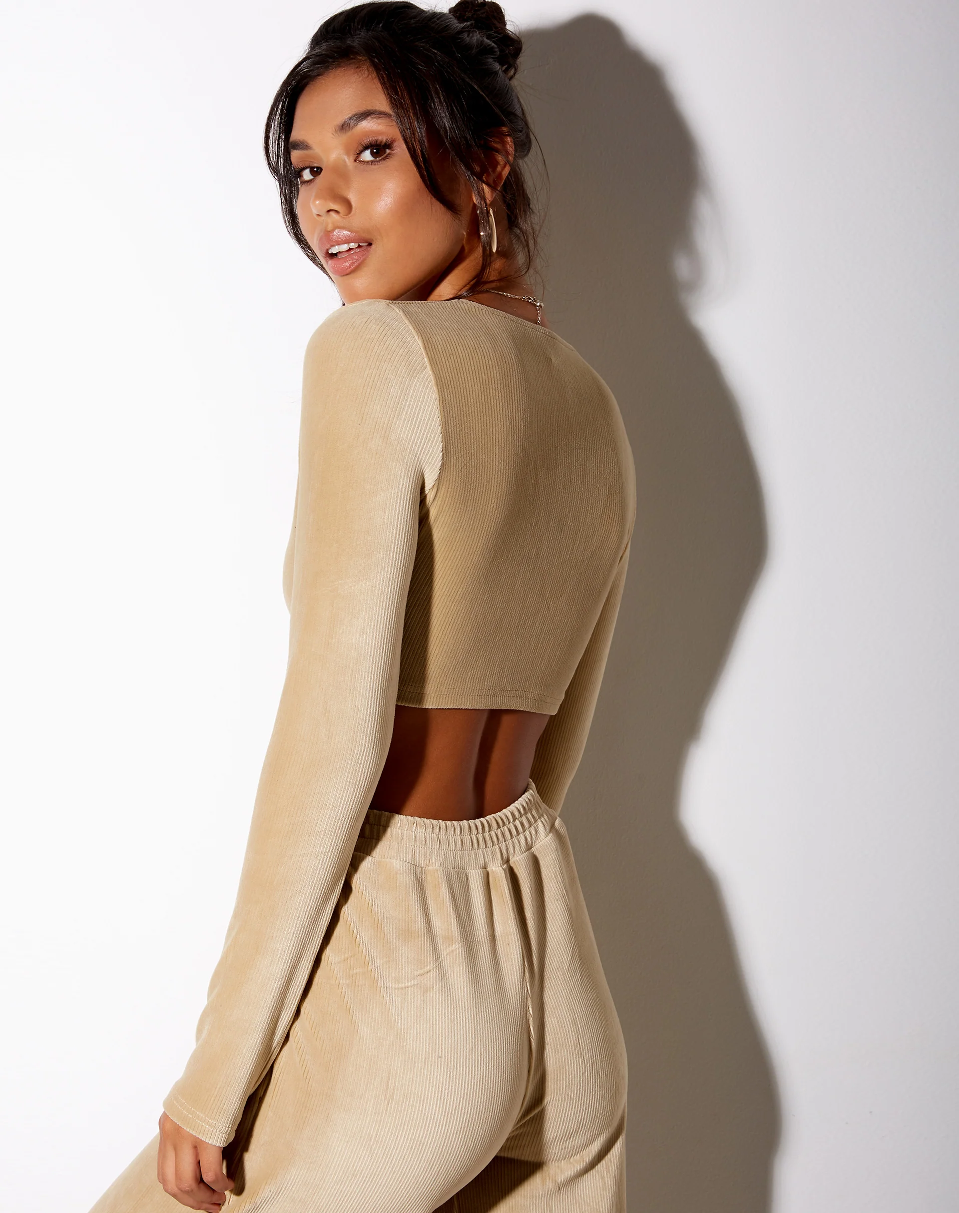 Guan Crop Top in Velvet Rib Tan - Image 2