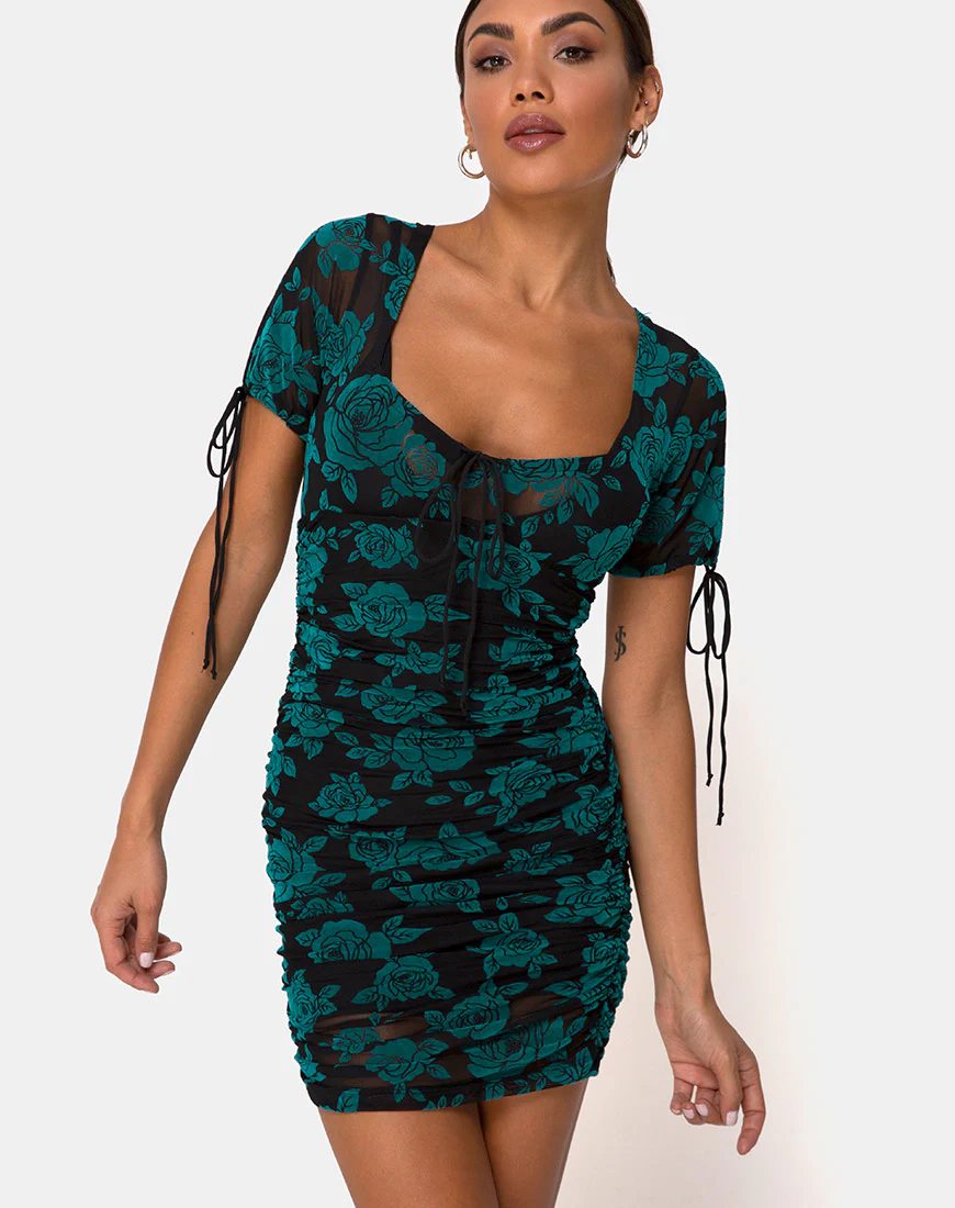 Guenetta Mini Dress in Romantic Rose Flock Teal - Image 3