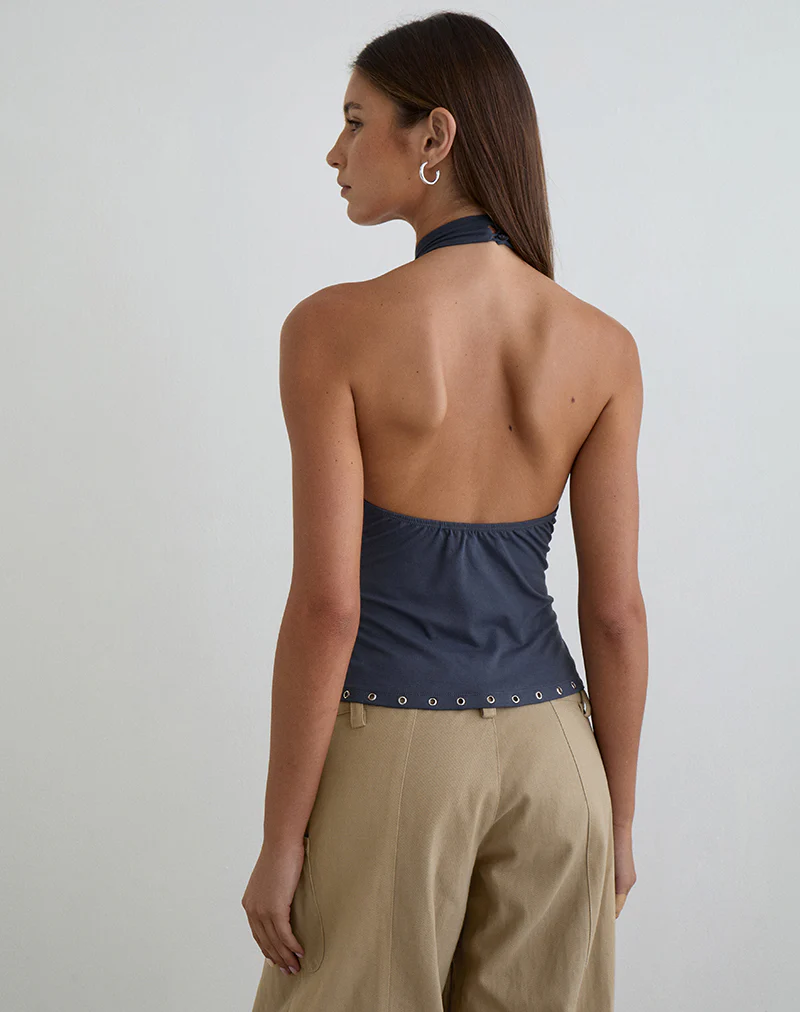 Gyomei Wrap Top in Jersey Ocean Storm with Eyelets - Image 4