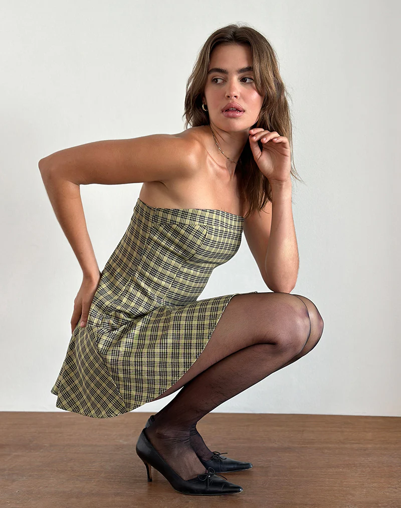 Hadia Bandeau Mini Dress in Check Yellow - Image 2