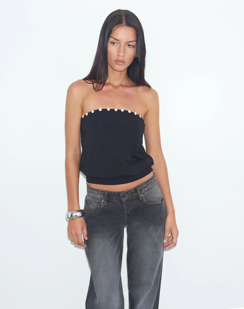 Hagar Top in Black with Pearl Button Trim - Image 2