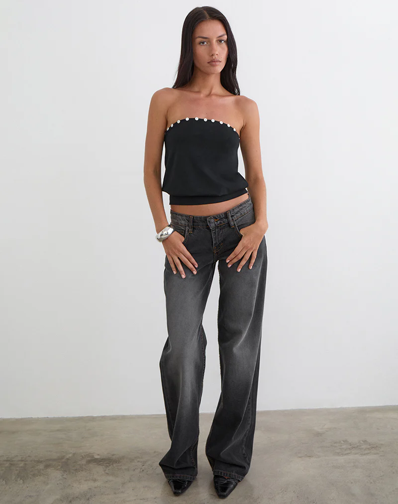 Hagar Top in Black with Pearl Button Trim - Image 3