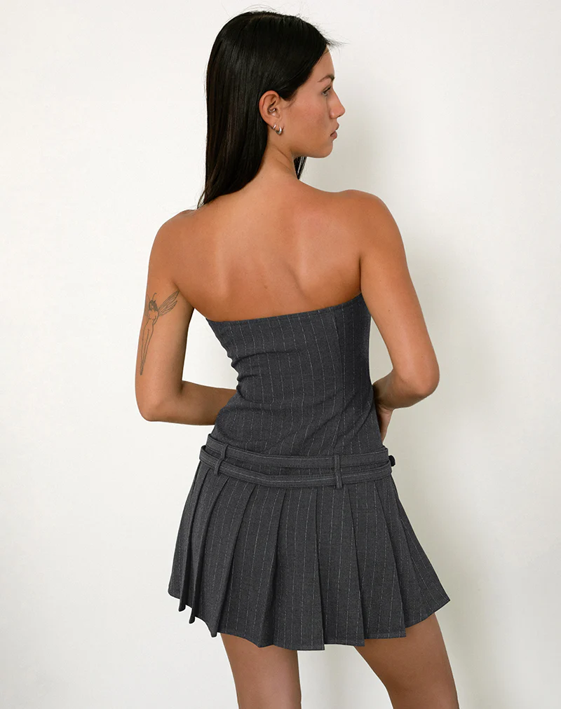 Haika Double Belt Mini Dress in Charcoal with White Stripe - Image 3
