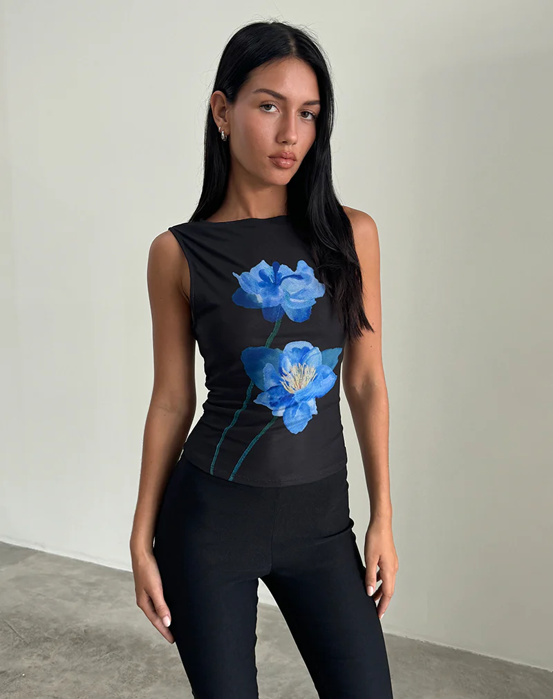 Hala Top in Black with Blue Watercolour Flower - Image 2