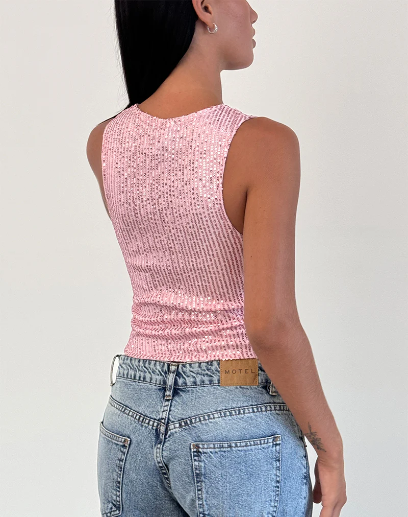 Hala Vest Top in Pink Mini Sequin - Image 4