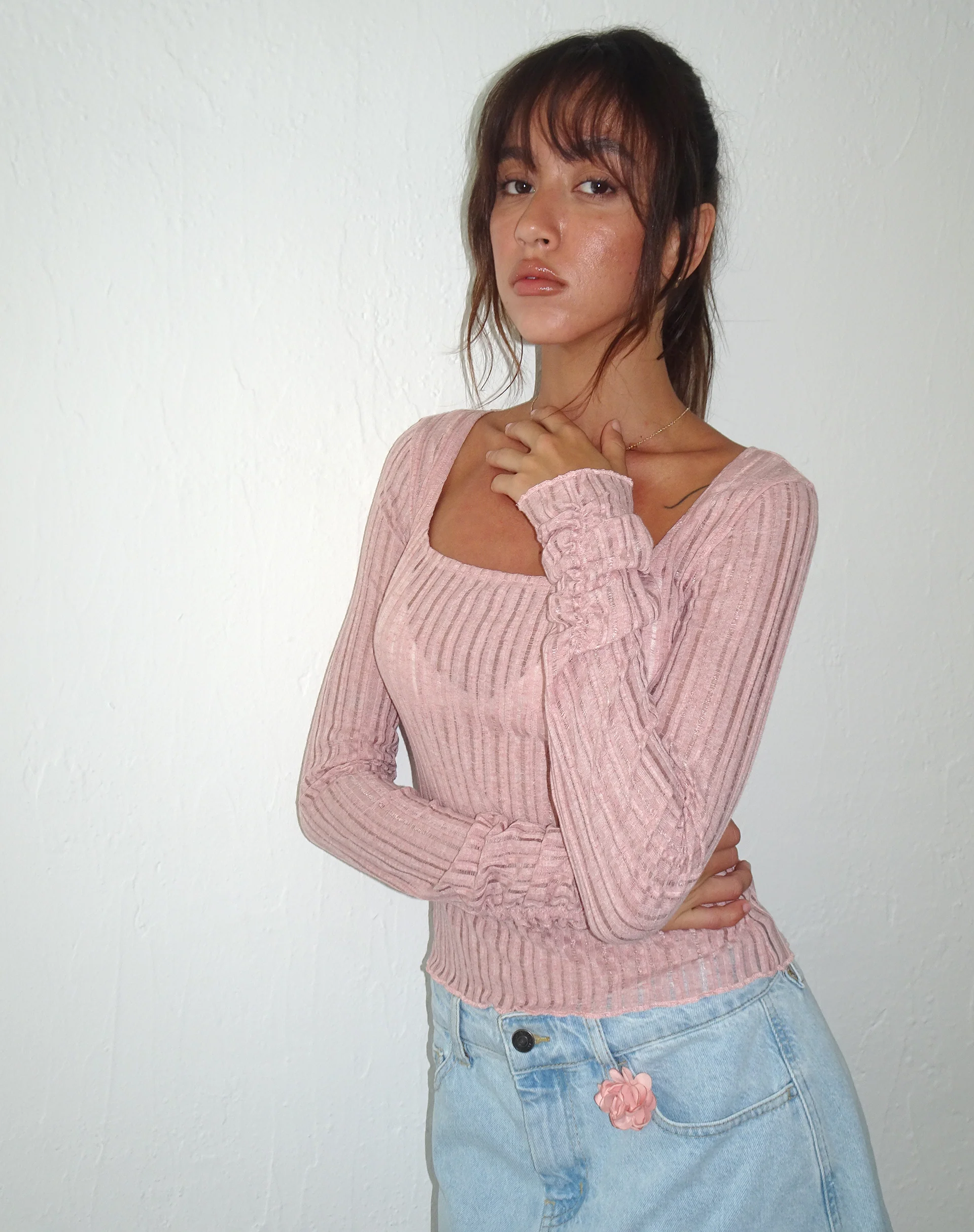 Halsey Knitted Extra Long Sleeve Top in Pink - Image 2