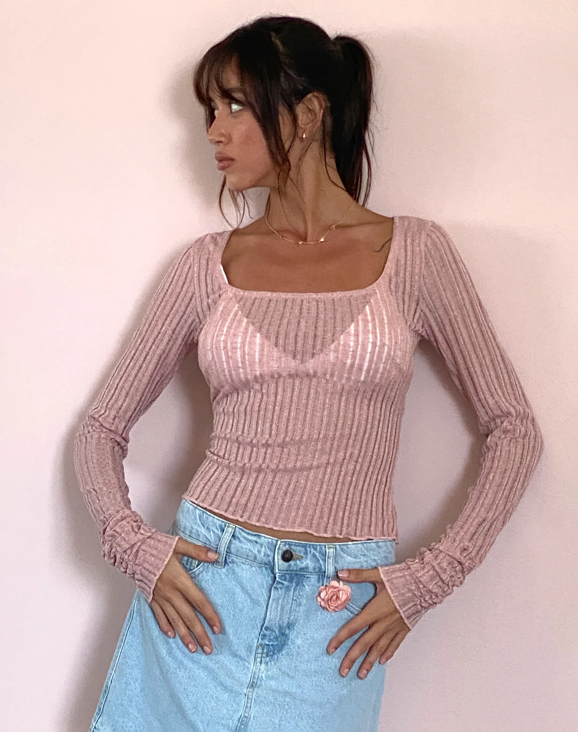 Halsey Knitted Extra Long Sleeve Top in Pink - Image 5