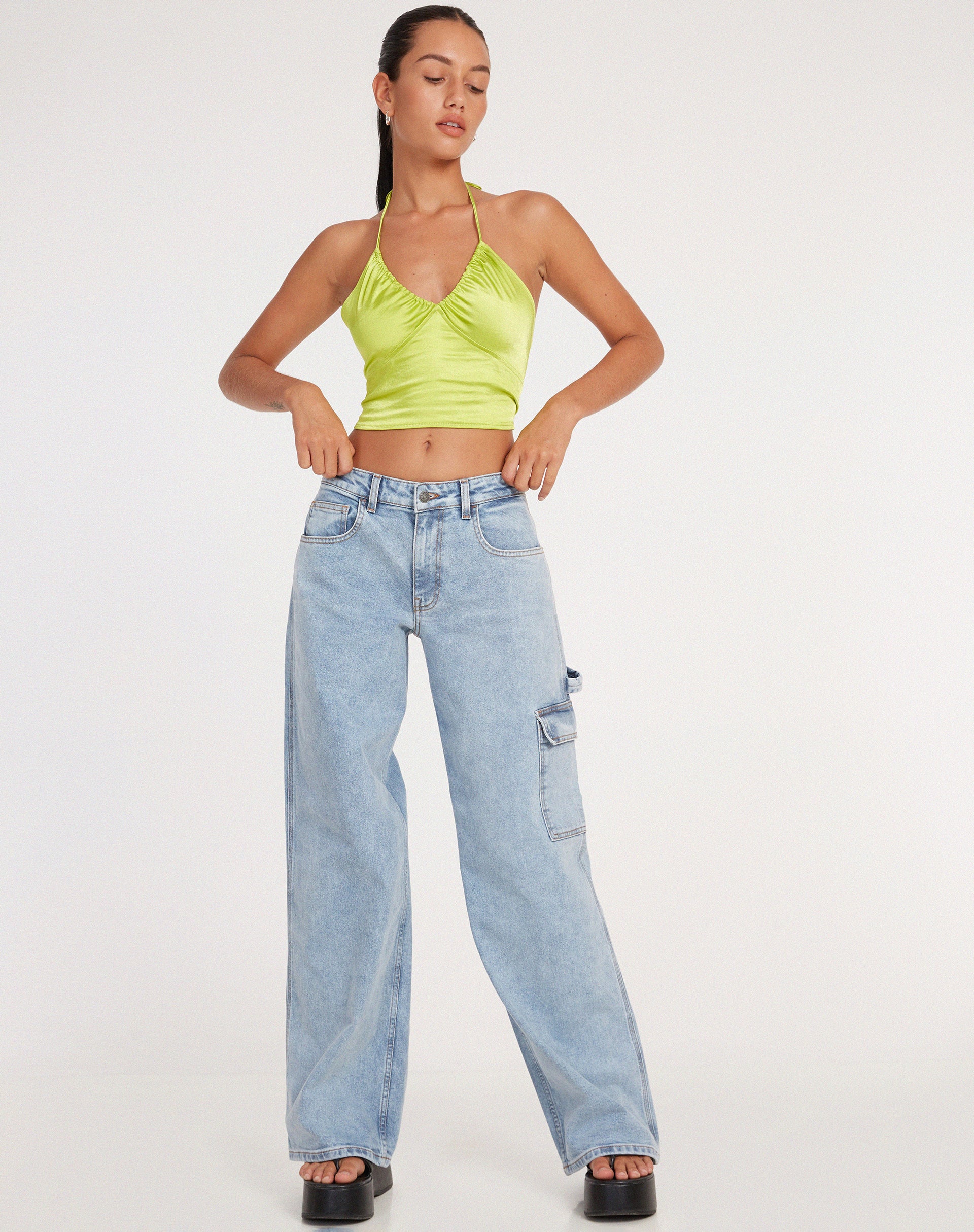 Haltri Crop Top in Satin Lime Green - Image 3