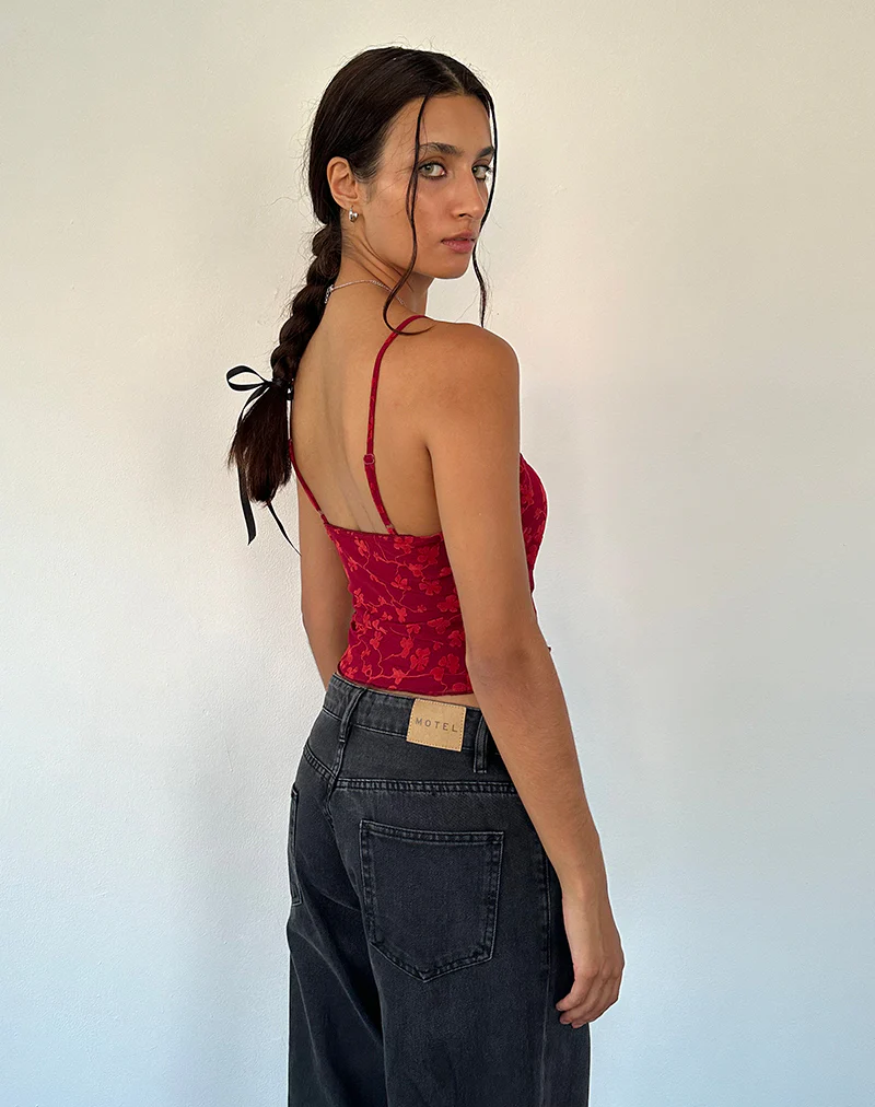 Halusi Cami Top in Grunge Floral Flock Red - Image 3