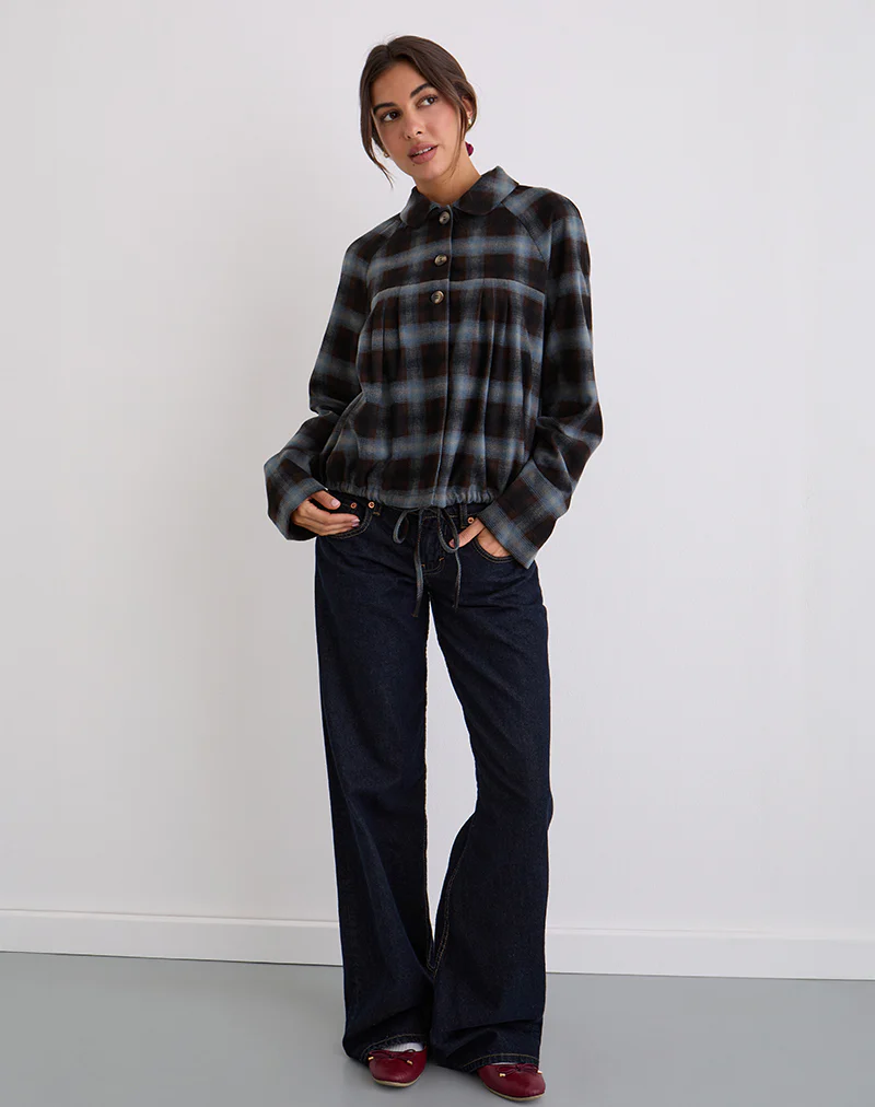 Harana Collar Jacket in Blue and Brown Check - Image 6