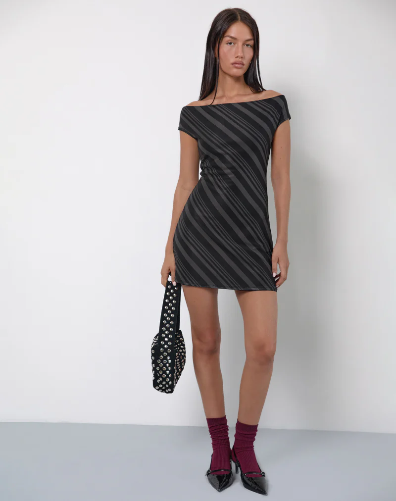 Hari Mini Dress in Irregular Stripe Grey Black - Image 2