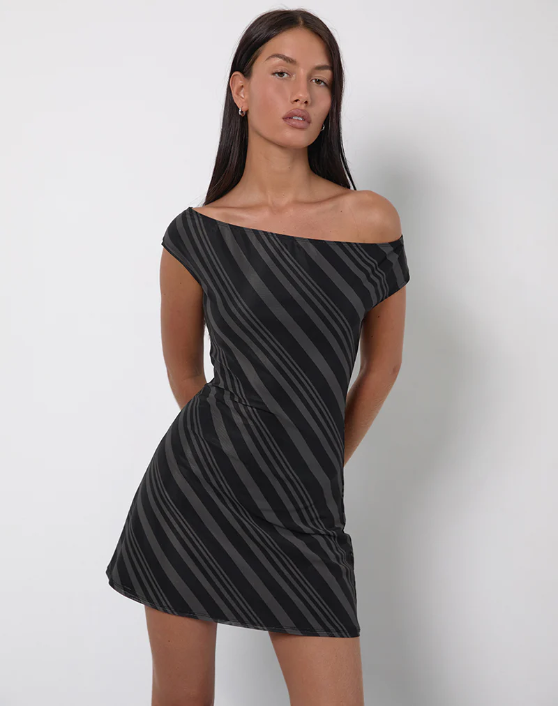 Hari Mini Dress in Irregular Stripe Grey Black - Image 4