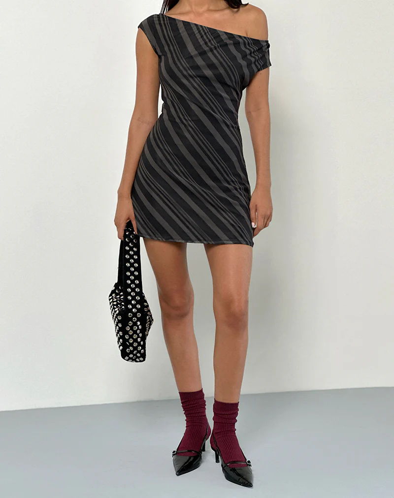 Hari Mini Dress in Irregular Stripe Grey Black - Image 5