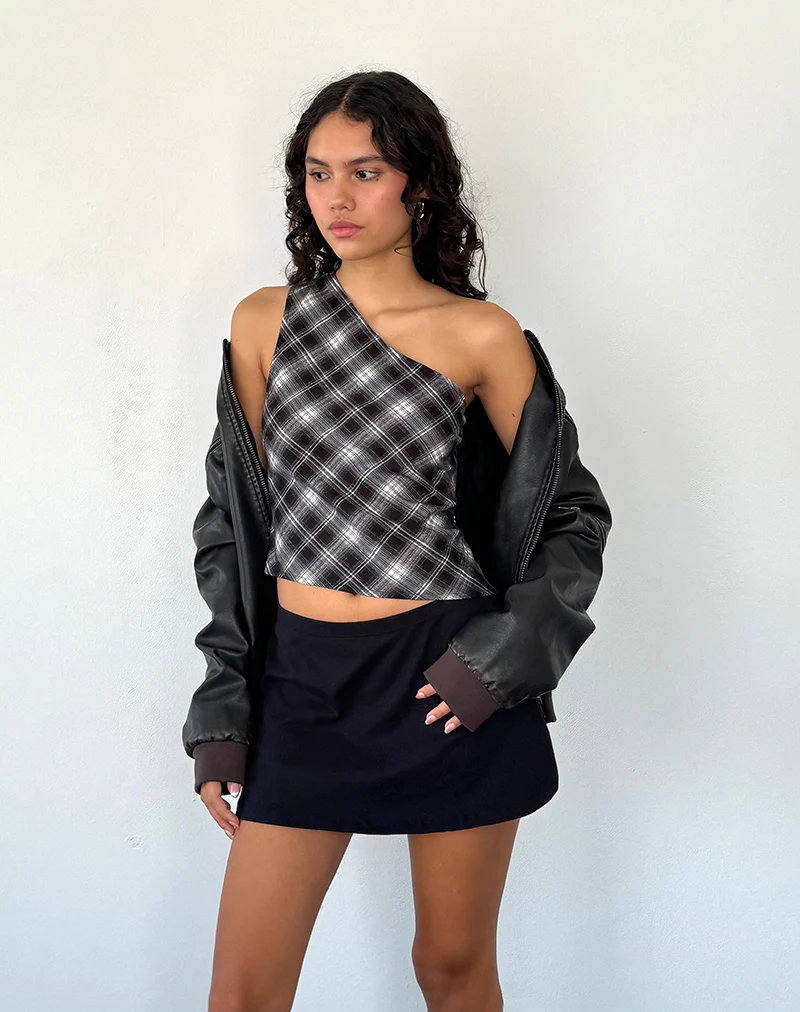 Harini One Shoulder Top in Black White Check - Image 3
