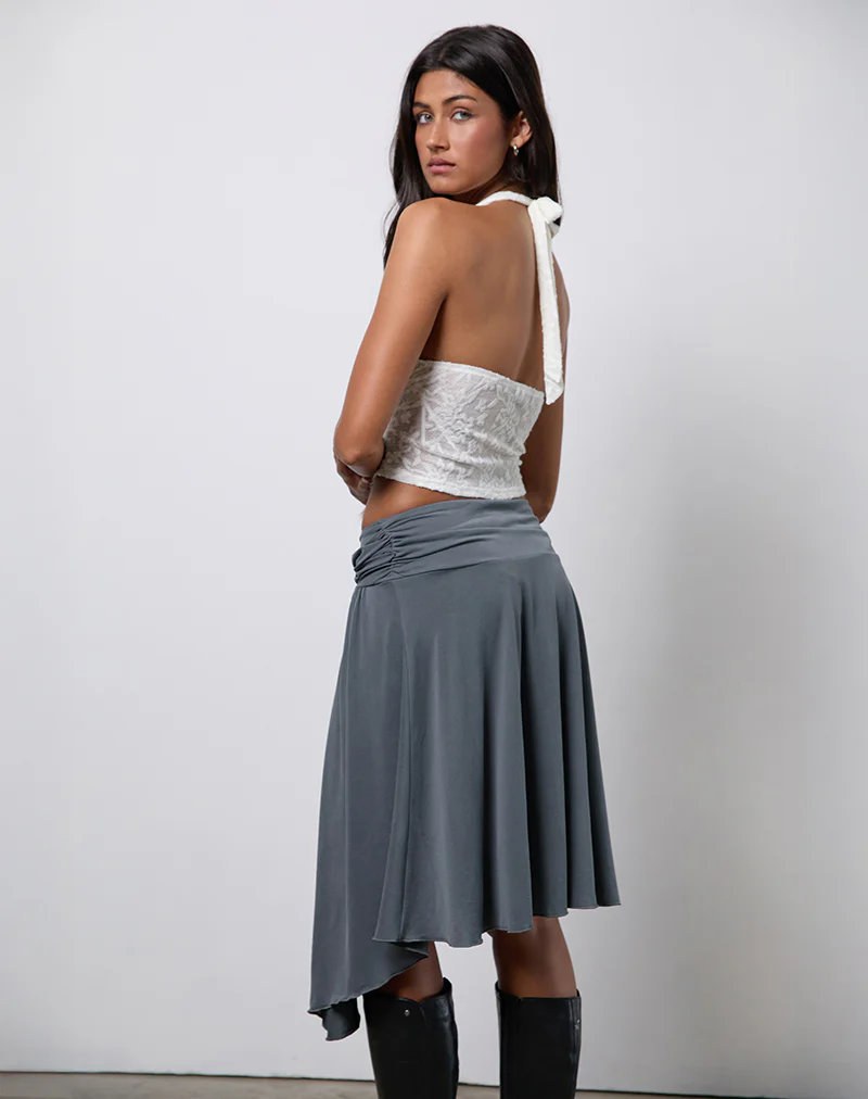 Harlan Asymmetric Midi Skirt in Cupro Grey - Image 2