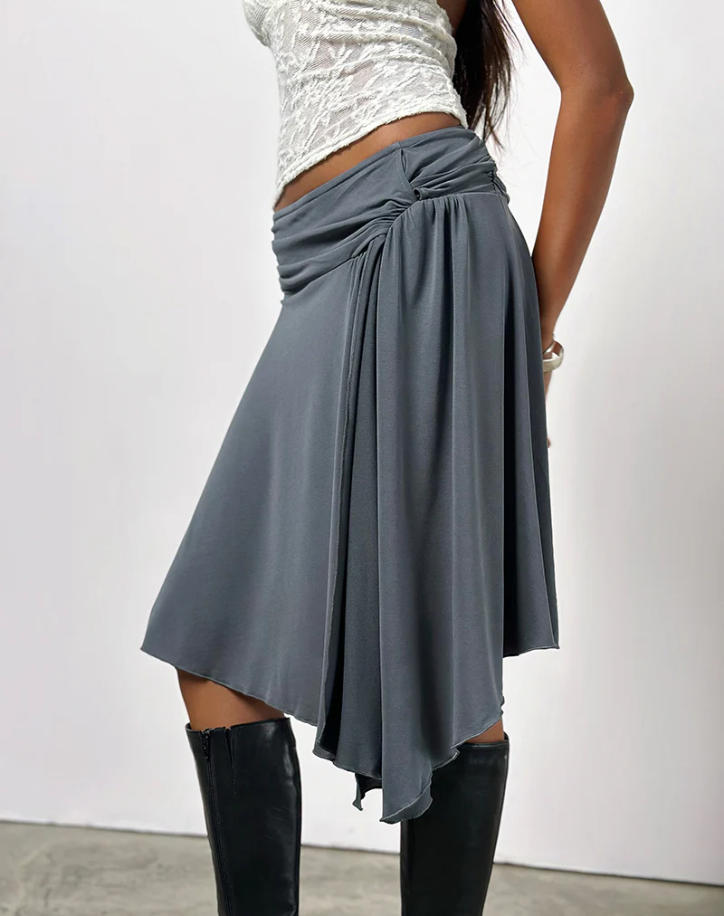 Harlan Asymmetric Midi Skirt in Cupro Grey - Image 3