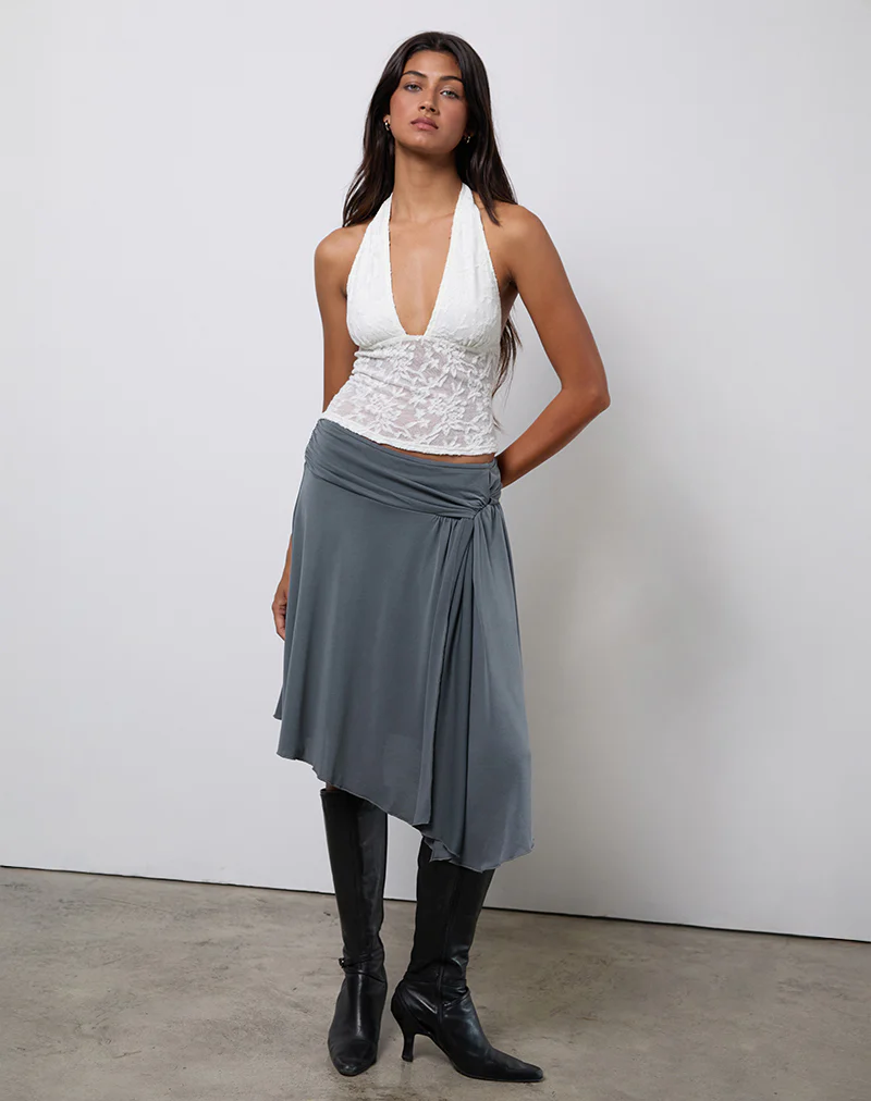 Harlan Asymmetric Midi Skirt in Cupro Grey - Image 4