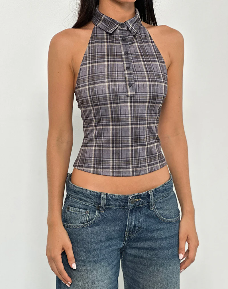 Harlo Collared Top in Check Tailoring Grey - Image 2