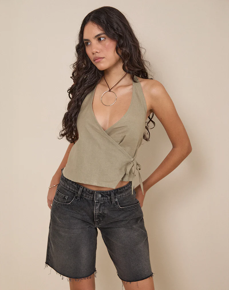Hart Tie Side Top in Linen Slate Green - Image 4