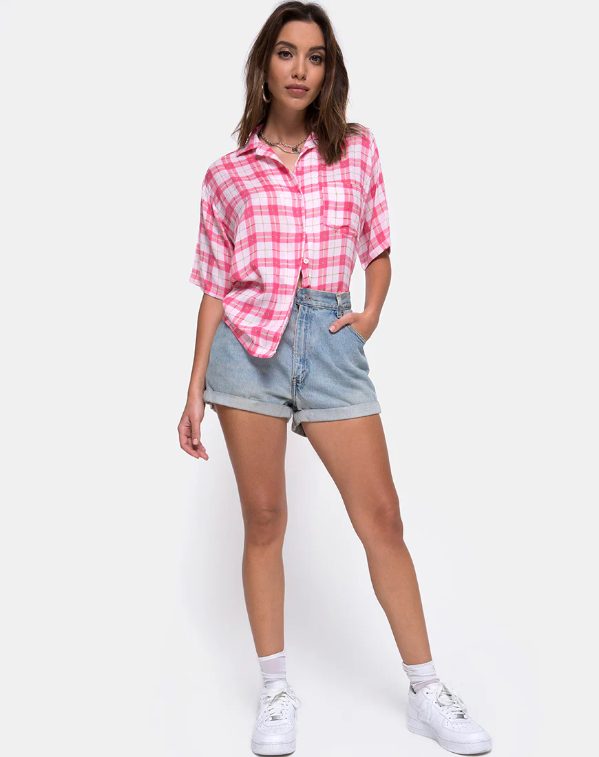 Hawaiian Shirt in Picnic Check Pink - Image 3