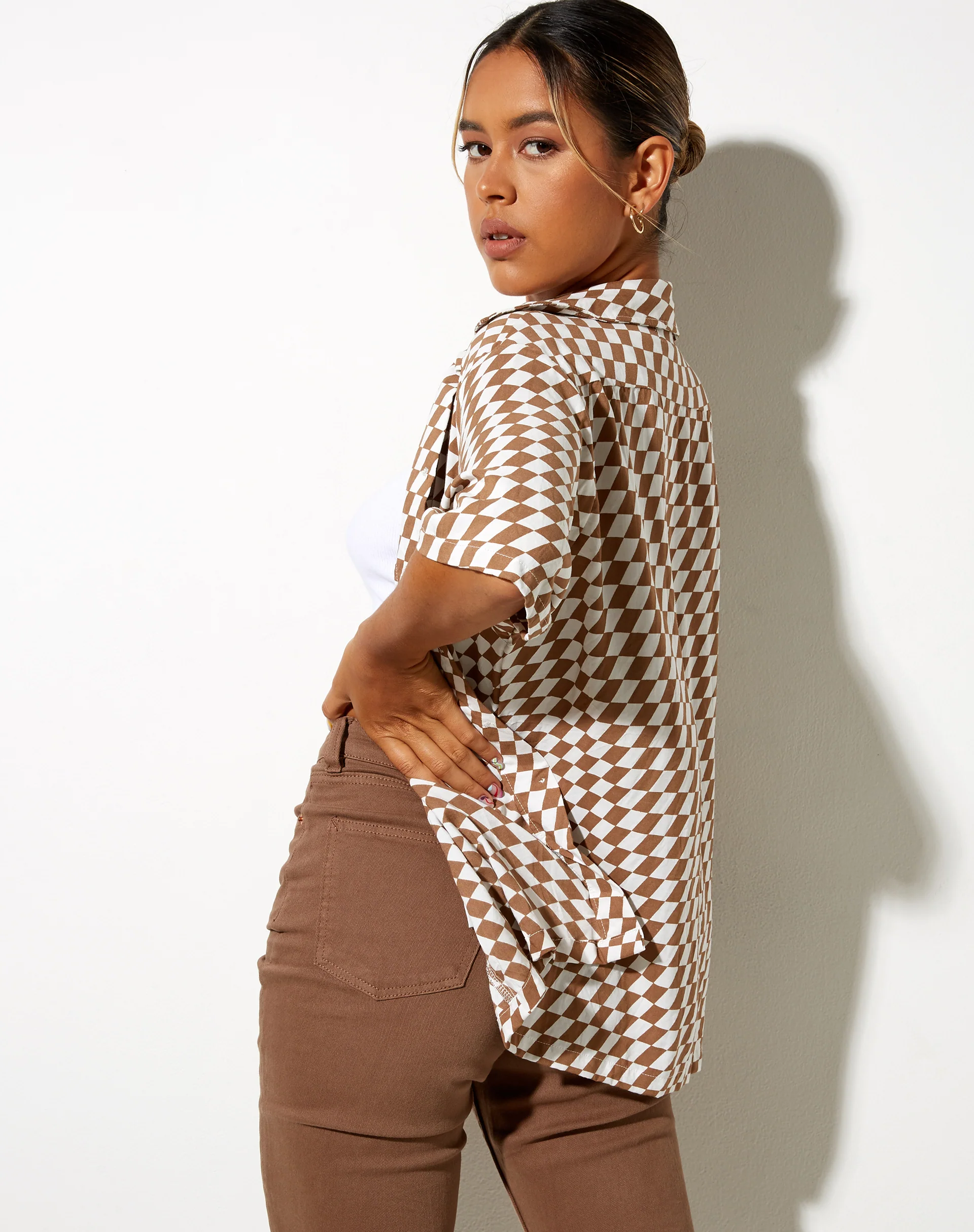 Hawaiian Shirt in Diagonal Checker Tan and Ivory - Image 2