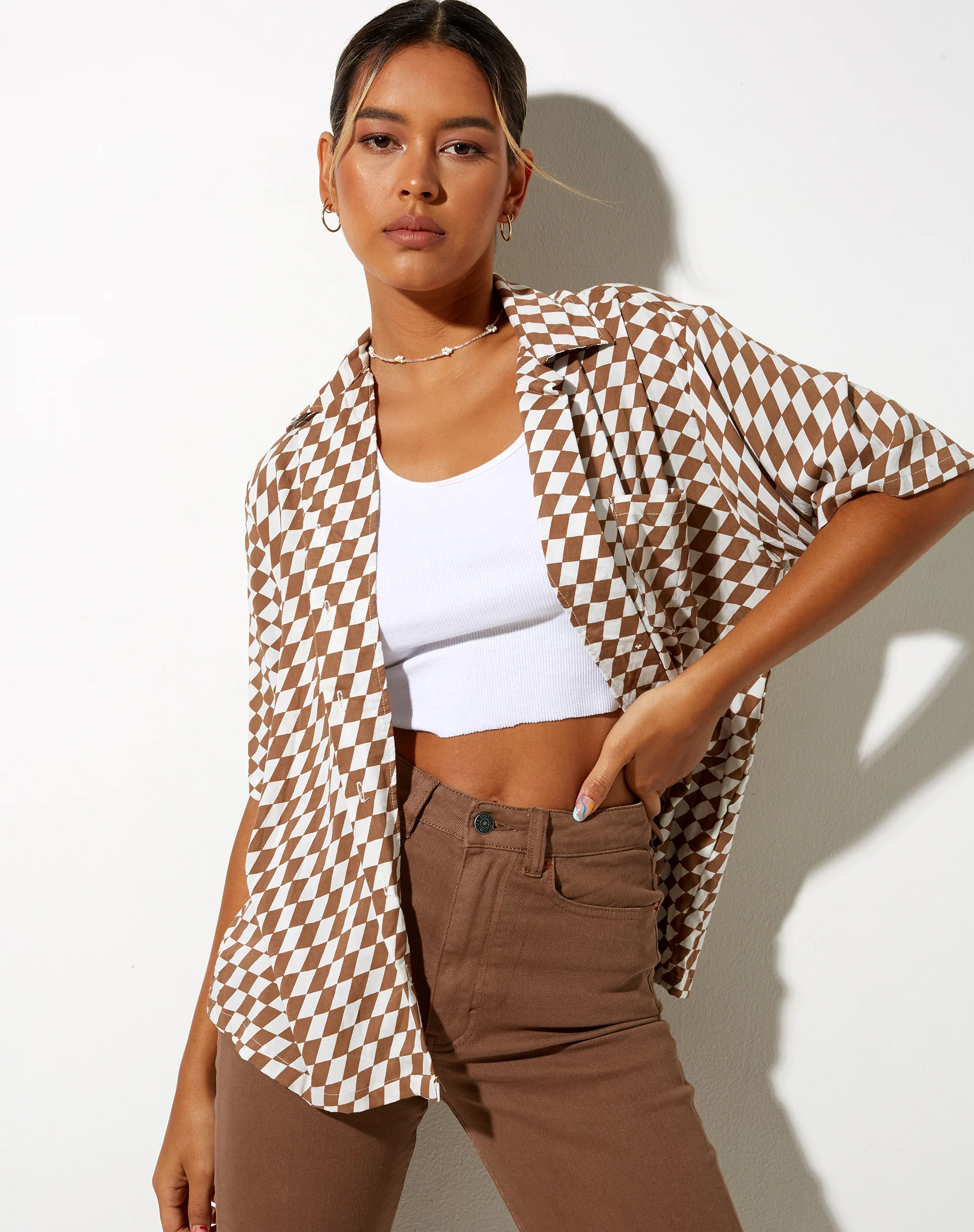 Hawaiian Shirt in Diagonal Checker Tan and Ivory - Image 4