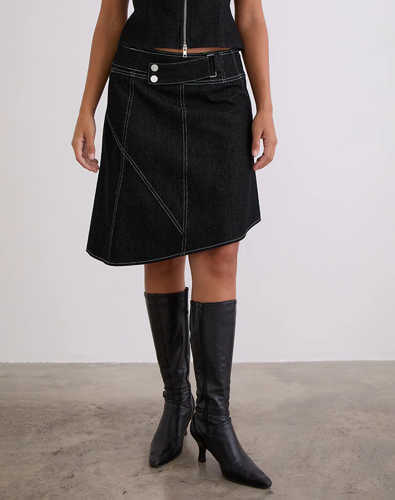 Hayashi Asymmetrical Midi Skirt in Denim Black Wash - Image 2