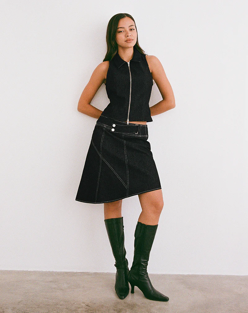 Hayashi Asymmetrical Midi Skirt in Denim Black Wash - Image 4