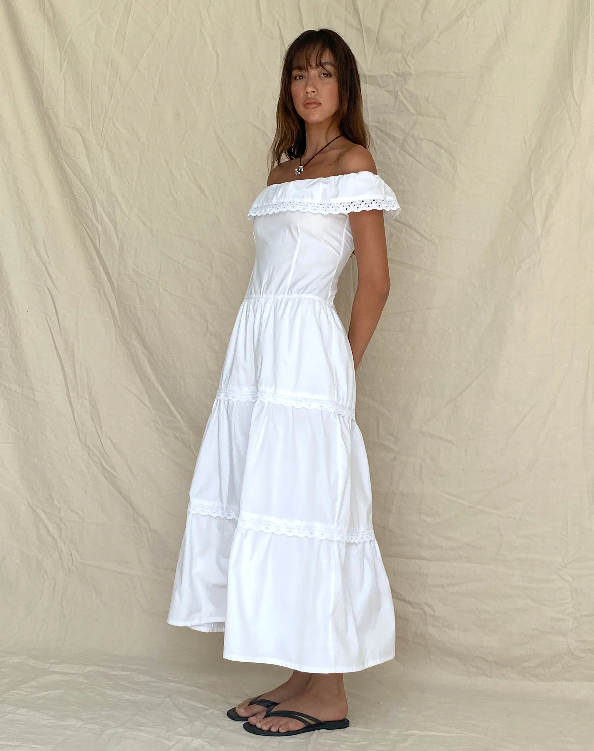 Helpa Tiered Bardot Maxi Dress in White - Image 7