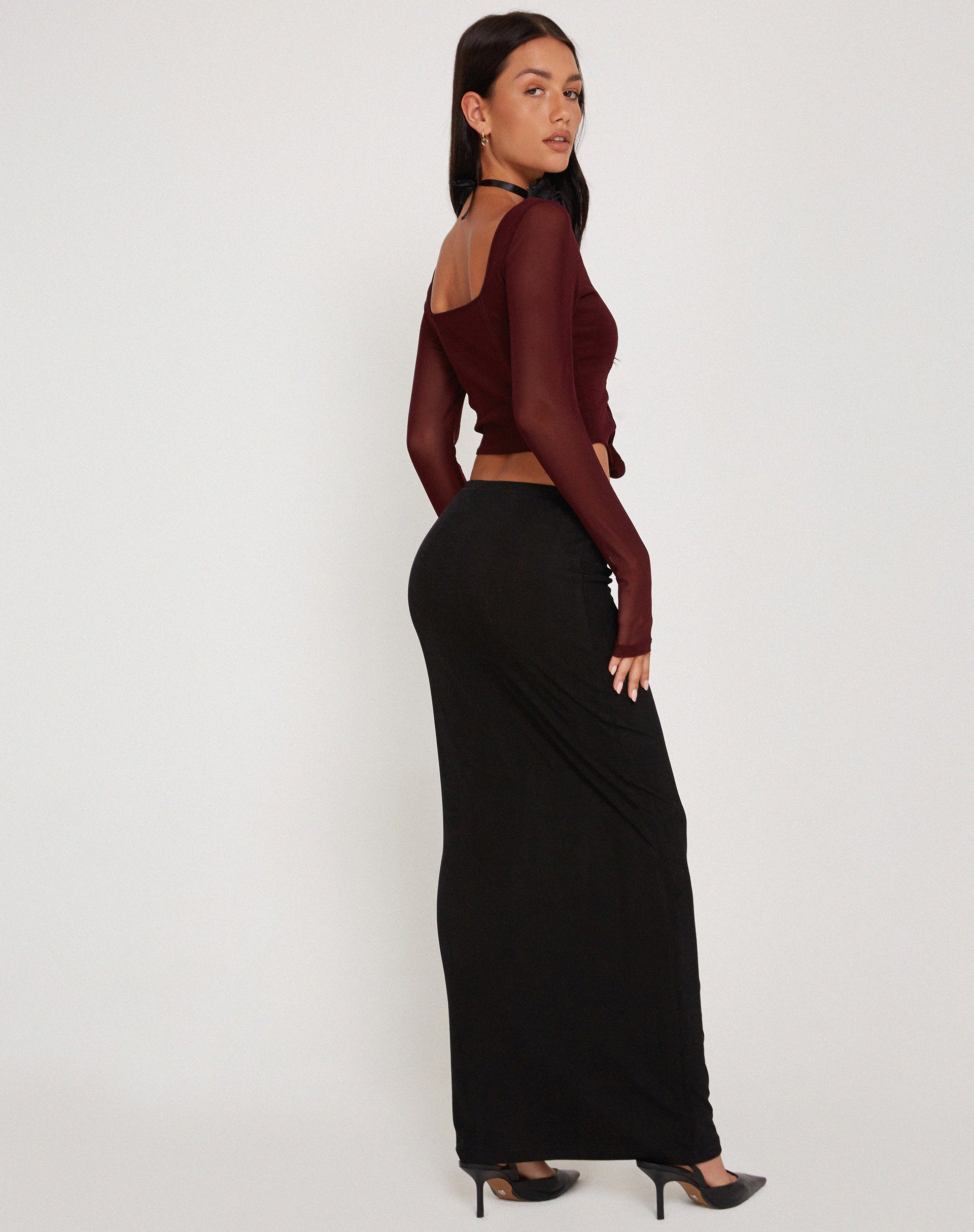 Helsiva Long Sleeve Crop Top in Mesh Burgundy - Image 6
