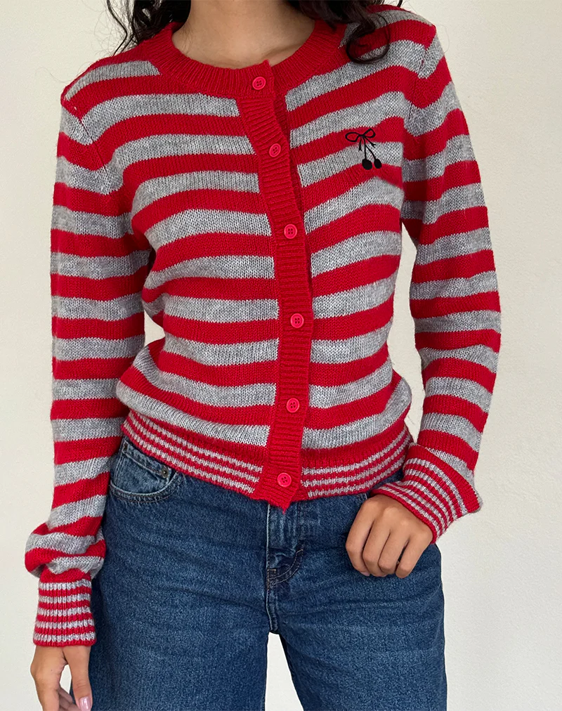 Henidar Cardigan in Red and Grey Stripe with Cherry Emb - Image 2