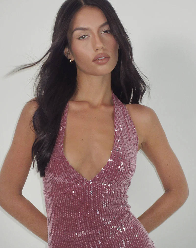 Hepasi Halter Mini Dress in Clear Sequin Maroon - Image 2