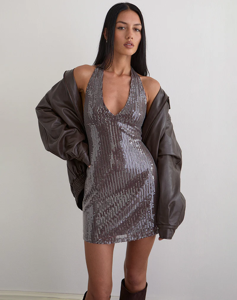 Hepasi Halter Dress in Clear Tinted Sequin Brown - Image 3
