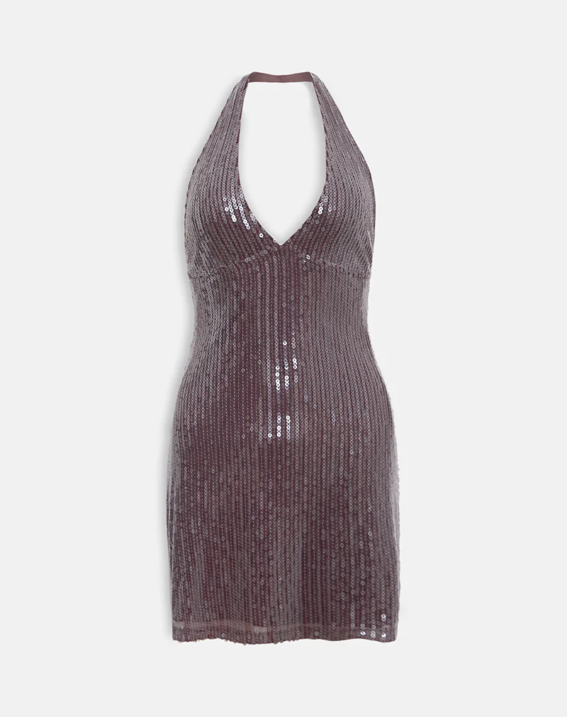Hepasi Halter Dress in Clear Tinted Sequin Brown - Image 5