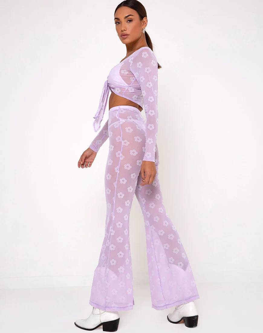 Herlom Flare Trouser in Lilac Mesh Daisy White Flock - Image 2