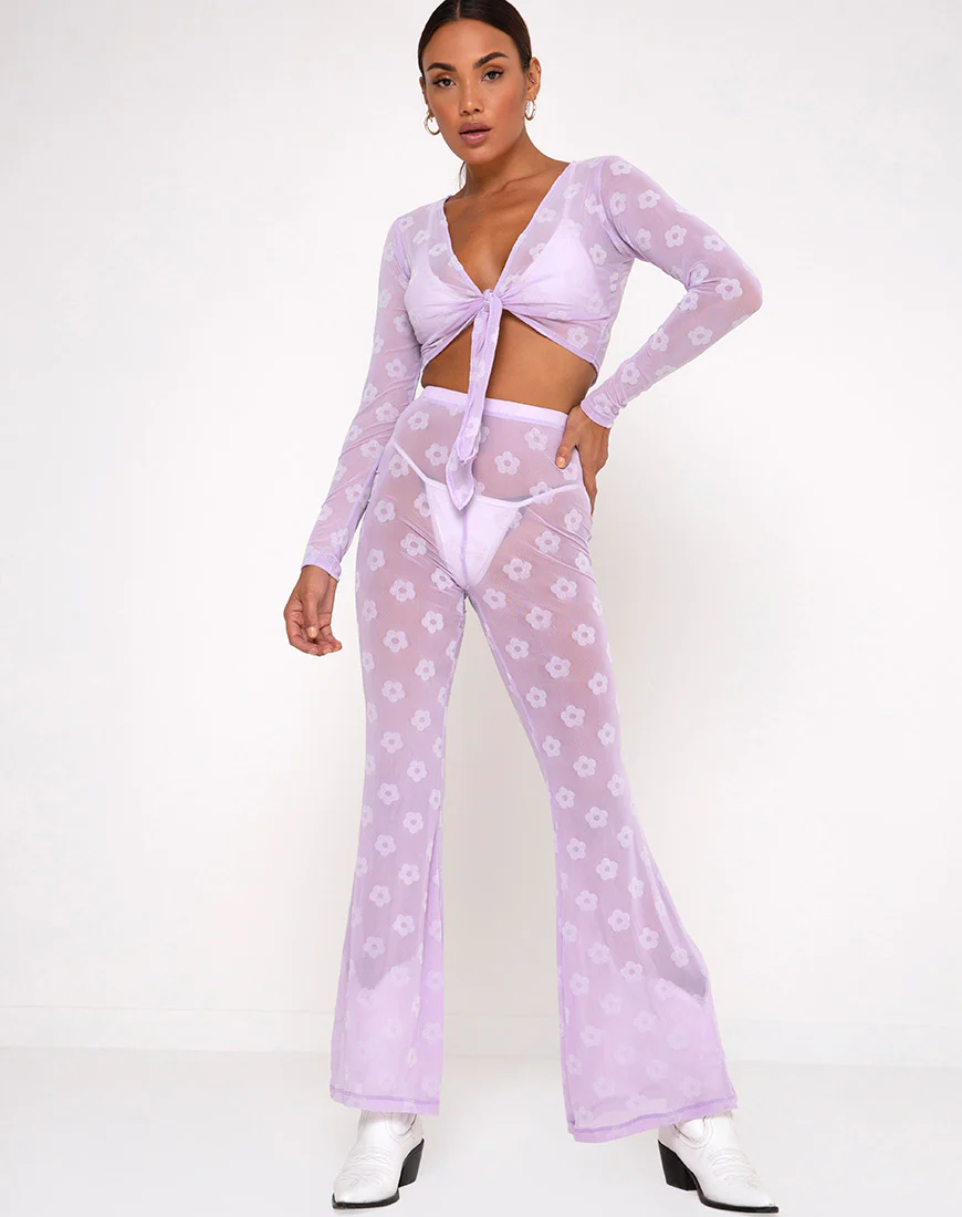 Herlom Flare Trouser in Lilac Mesh Daisy White Flock - Image 3