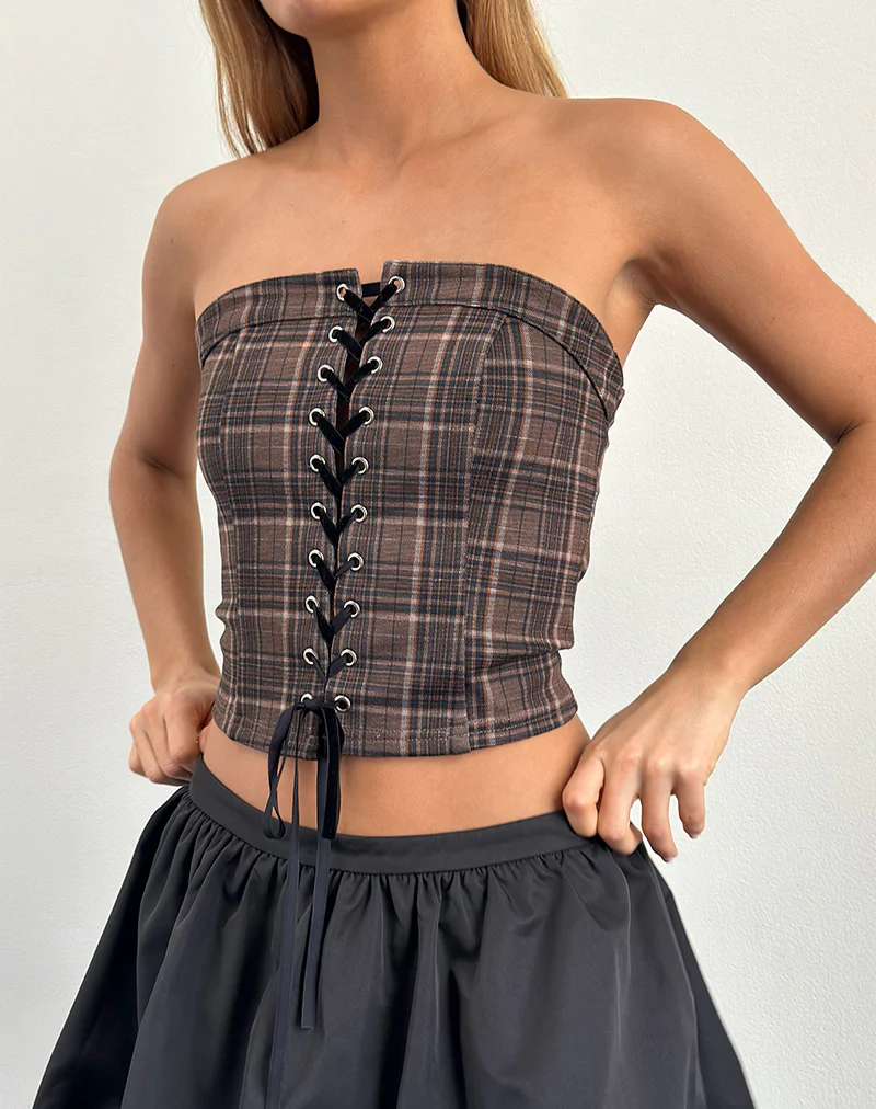 Heska Lace Front Corset Top in Brown Check - Image 2