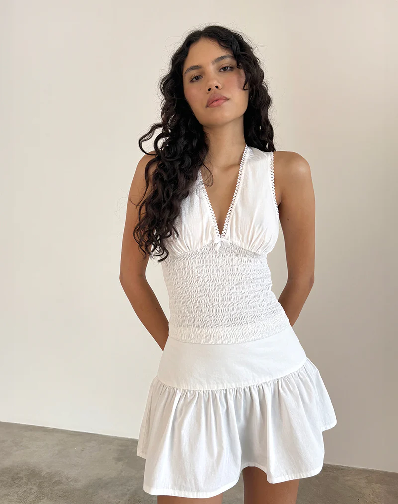 Hevalis Plunge Shirred Top in Poplin White - Image 2