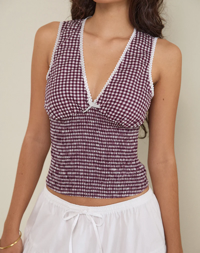 Hevalis Plunge Top in Mini Gingham Wine - Image 2