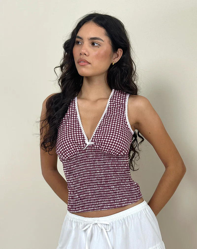 Hevalis Plunge Top in Mini Gingham Wine - Image 5
