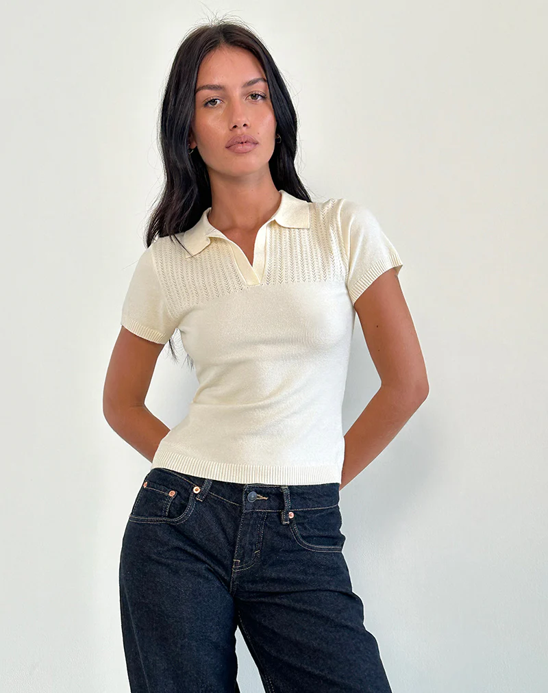 Hilda Collared Top in Ivory Knit - Image 3