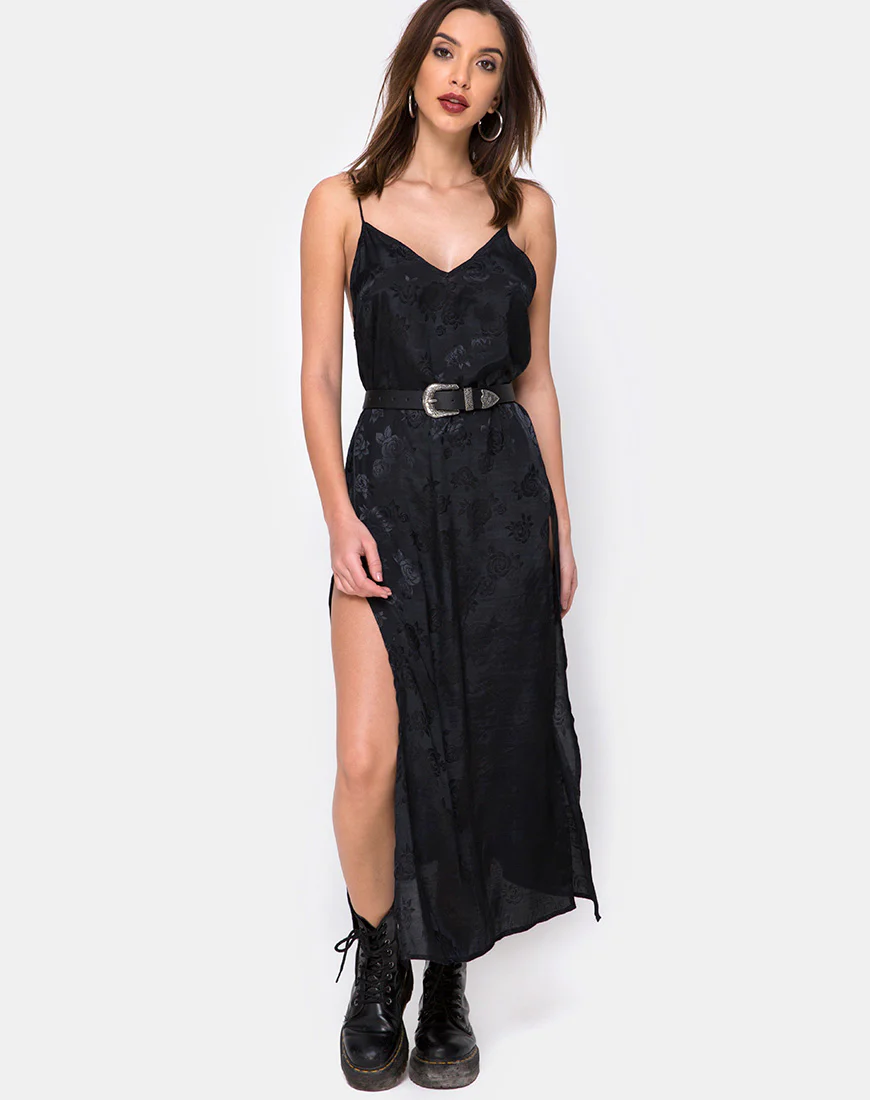 Hime Maxi Dress in Satin Black Rose - Image 2