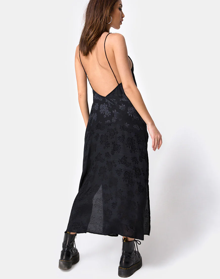 Hime Maxi Dress in Satin Black Rose - Image 5