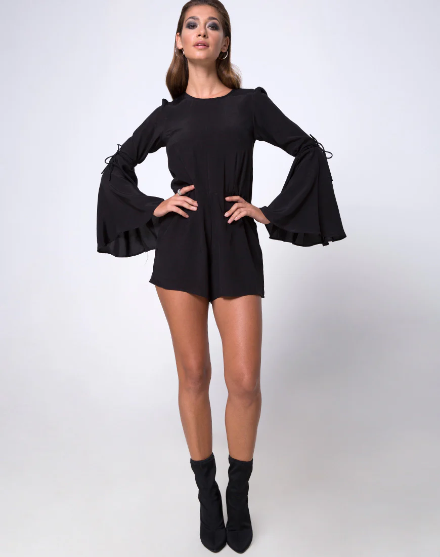 Holila Flute Sleeve Playsuit in Black - Image 3