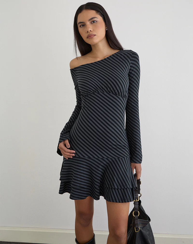 Hongsai Mini Dress in Oblique Stripe Ocean Storm - Image 4