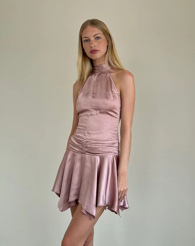 Hydri Satin Halterneck Mini Dress in Baby Pink - Image 4