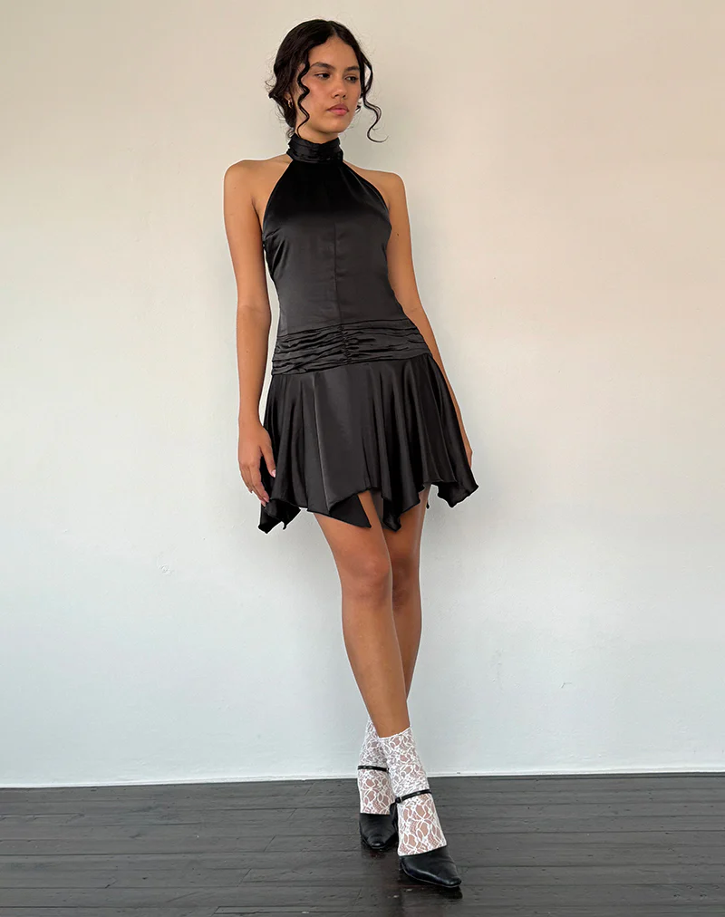 Hydri Satin Halterneck Mini Dress in Black - Image 2