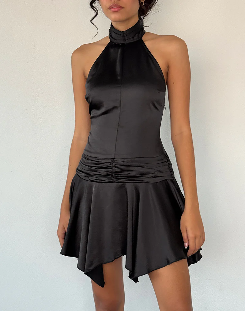 Hydri Satin Halterneck Mini Dress in Black - Image 3